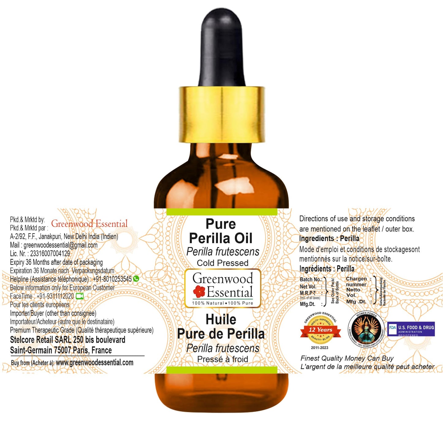 Greenwood Essential Pure Perilla Oil (Perilla frutescens) with Glass Dropper Cold Pressed 100ml (3.38 oz)