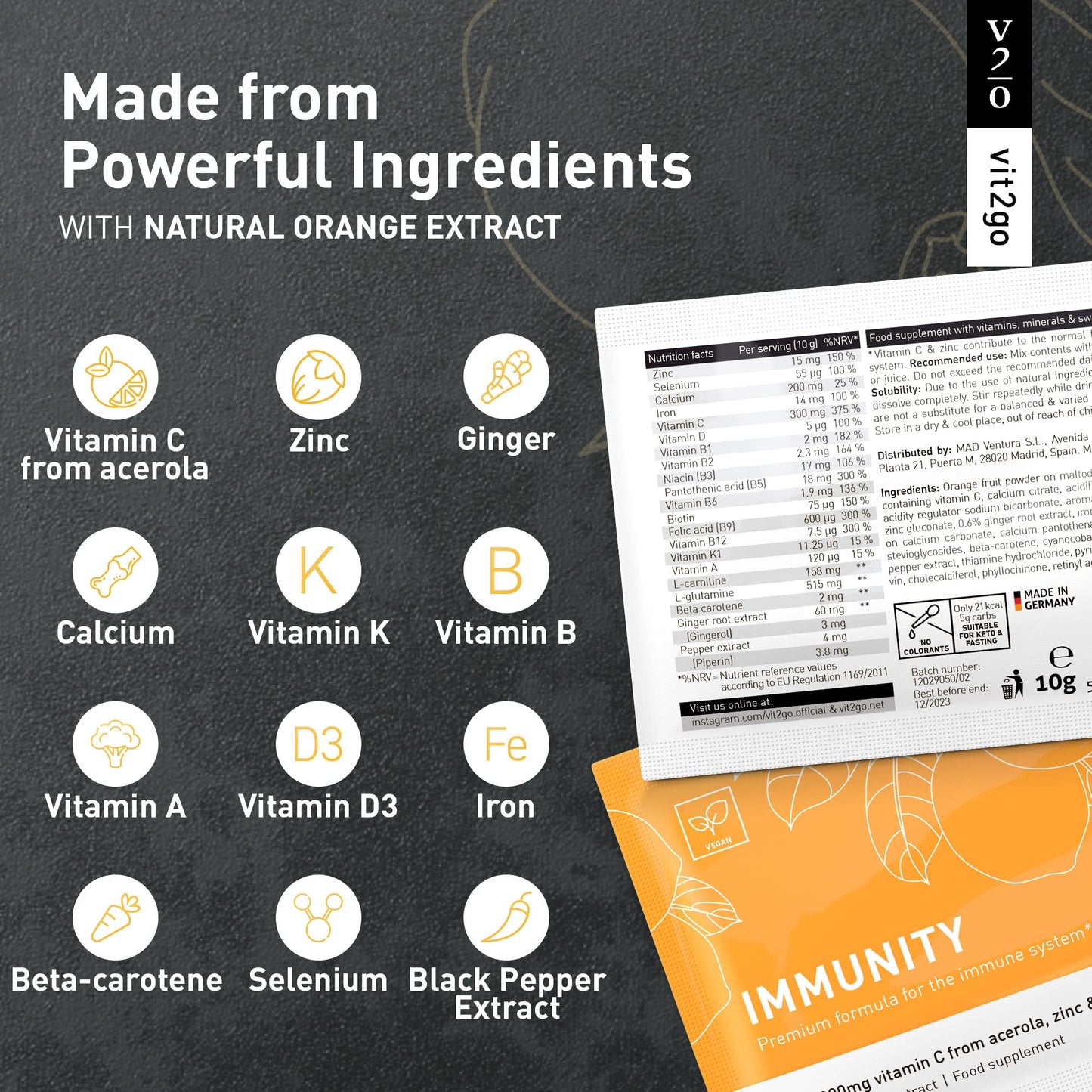 Vit2Go Vit2go Immunity - Booster with Vitamins (A, B, C, D & K), Vitamin C Zinc & Ginger Extract, Immune System Complex, Vegan Supplement Made in Germany (30)