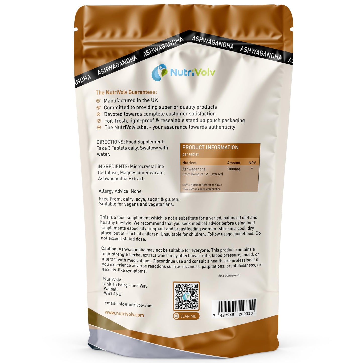 NutriVolv Ashwagandha 1000mg – 90 Vegan Tablets | High Strength Extract | Adaptogen for Stress, Anxiety & Fatigue Relief | Supports Energy, Focus, Mood, Sleep & Hormonal Balance | Ayurvedic Supplement