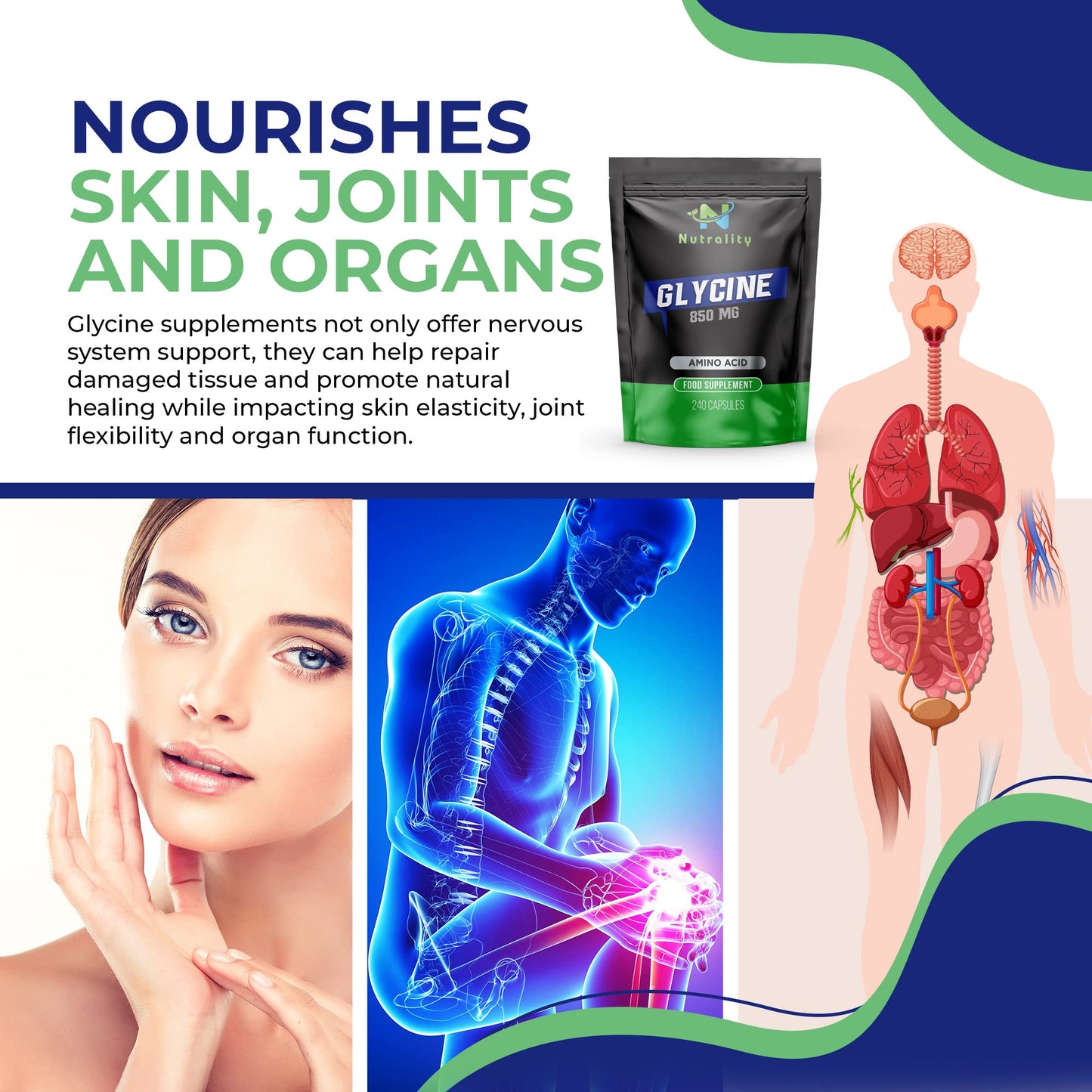 Nutrality Glycine Supplement | 850 mg per Serving | Amino Acid Neurotransmitter, Nervous System Support, Sleeping Aid & Liver Detoxification | 240 Capsules