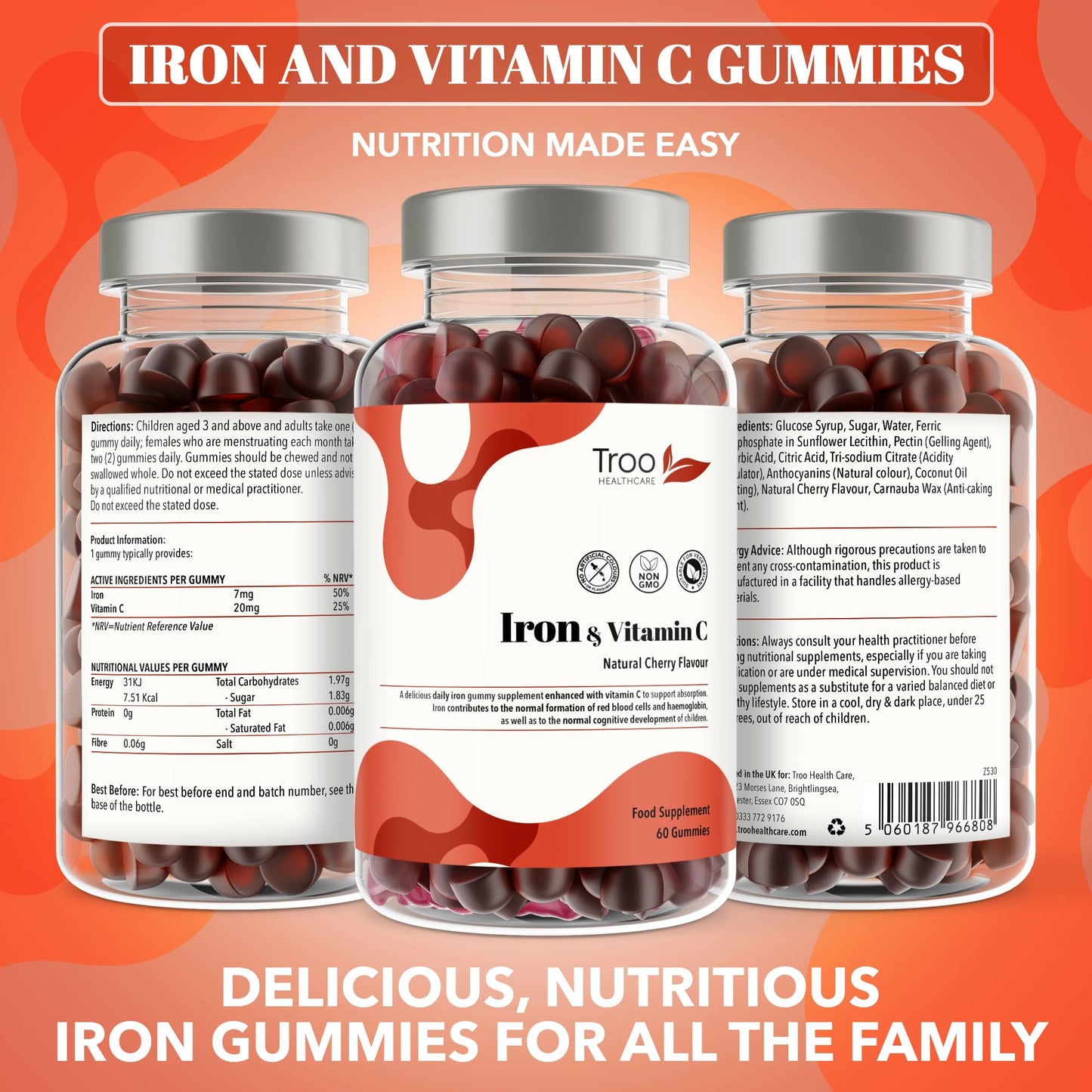 Troo Health Care Iron & Vitamin C - 60 Natural Cherry Flavour Gummies - Tasty Chewable Supplement for Men, Women and Kids - Increased Absorption Supports Cognitive Development & Red Blood Cell Formation