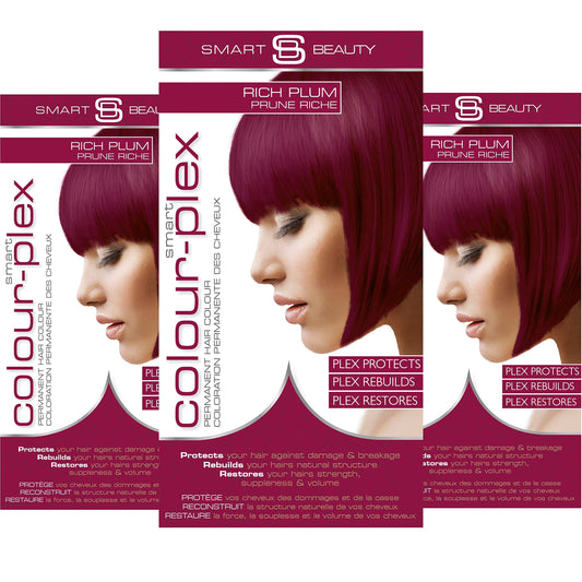 Rich Plum Hair Dye Permanent with Anti-Breakage Plex Hair Care, Vegan Hair Dye & Cruelty-Free, PPD Free Hair dye, 100% Grey Coverage, Warm Plum Hair Colour, by Smart Beauty (pack of 3)