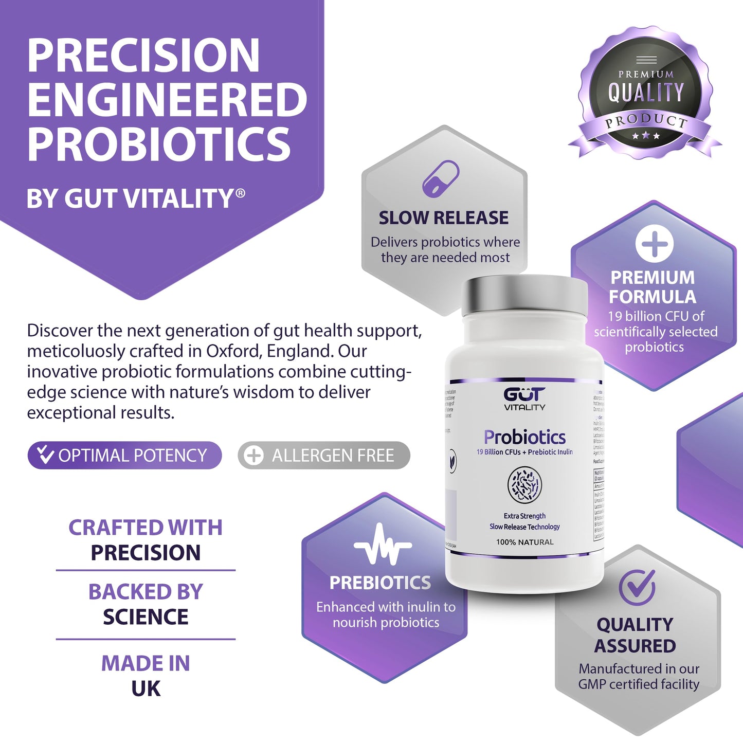 Gut Vitality Probiotic for Gut Health | 19 Billion CFU | 7 Strains for Bloating Relief & Digestive Support | 60 Delayed-Release Vegan Capsules | with Prebiotic Inulin