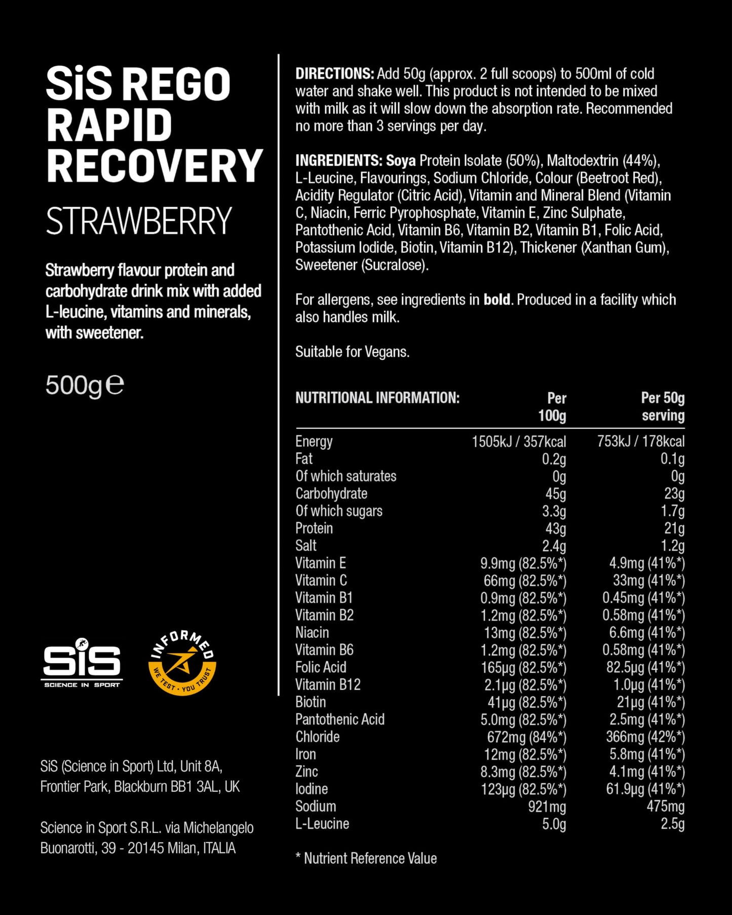 Science in Sport Science In Sport REGO Rapid Recovery Protein Powder, Strawberry Protein Powder with Added L-Leucine, Vitamins and Minerals for Muscle Recovery, 10 Servings, 500g