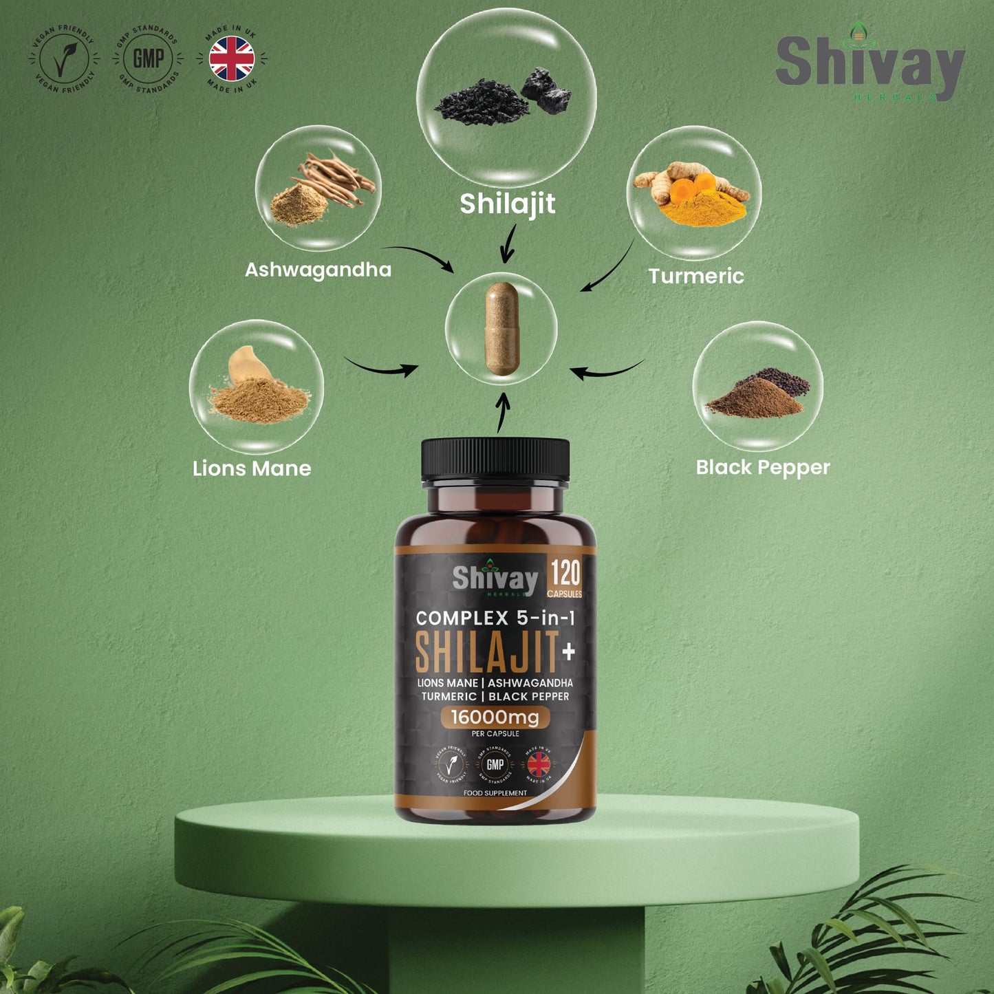 Shilajit 16000mg Complex 5 in 1 with Ashwagandha + Lions Mane | 120 Vegan Capsules - 4 Month Supply | High Strength Pure Himalayan Shilajit | Rich in Fulvic Acid | Made in UK by Shivay Herbals
