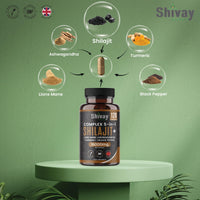 Shilajit 16000mg Complex 5 in 1 with Ashwagandha + Lions Mane | 120 Vegan Capsules - 4 Month Supply | High Strength Pure Himalayan Shilajit | Rich in Fulvic Acid | Made in UK by Shivay Herbals