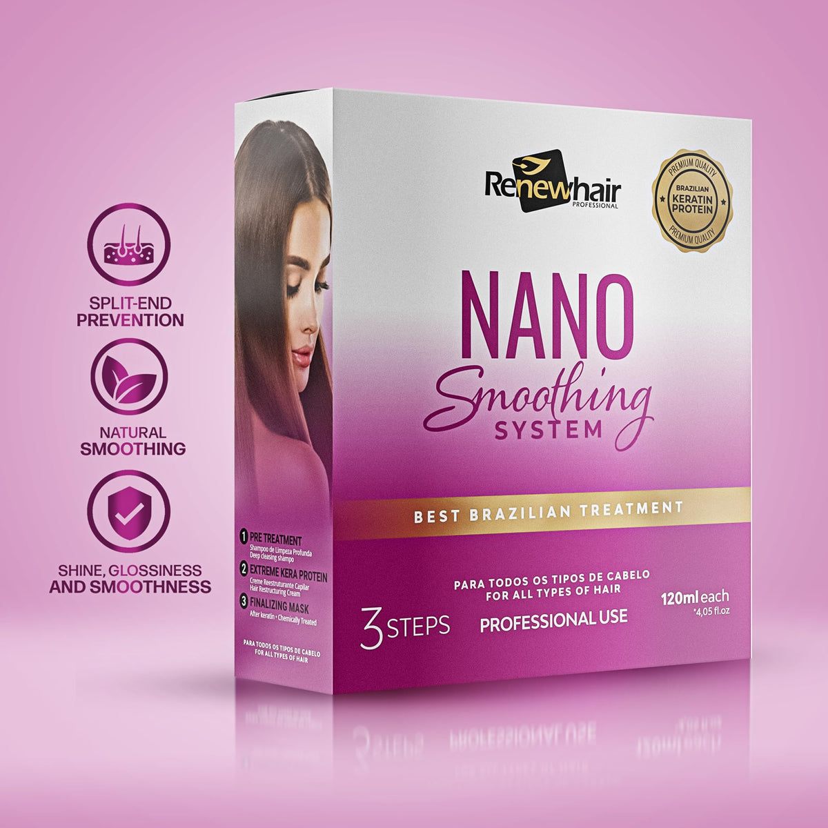 RENEW HAIR PROFESSIONAL NANO Smoothing System Hair Straightening Brazilian Treatment Hair Straightening ,Smooths, Strengthens, Softens Formaldhendy Free Keratin Smooth Renew , Vegan 3x 120ml