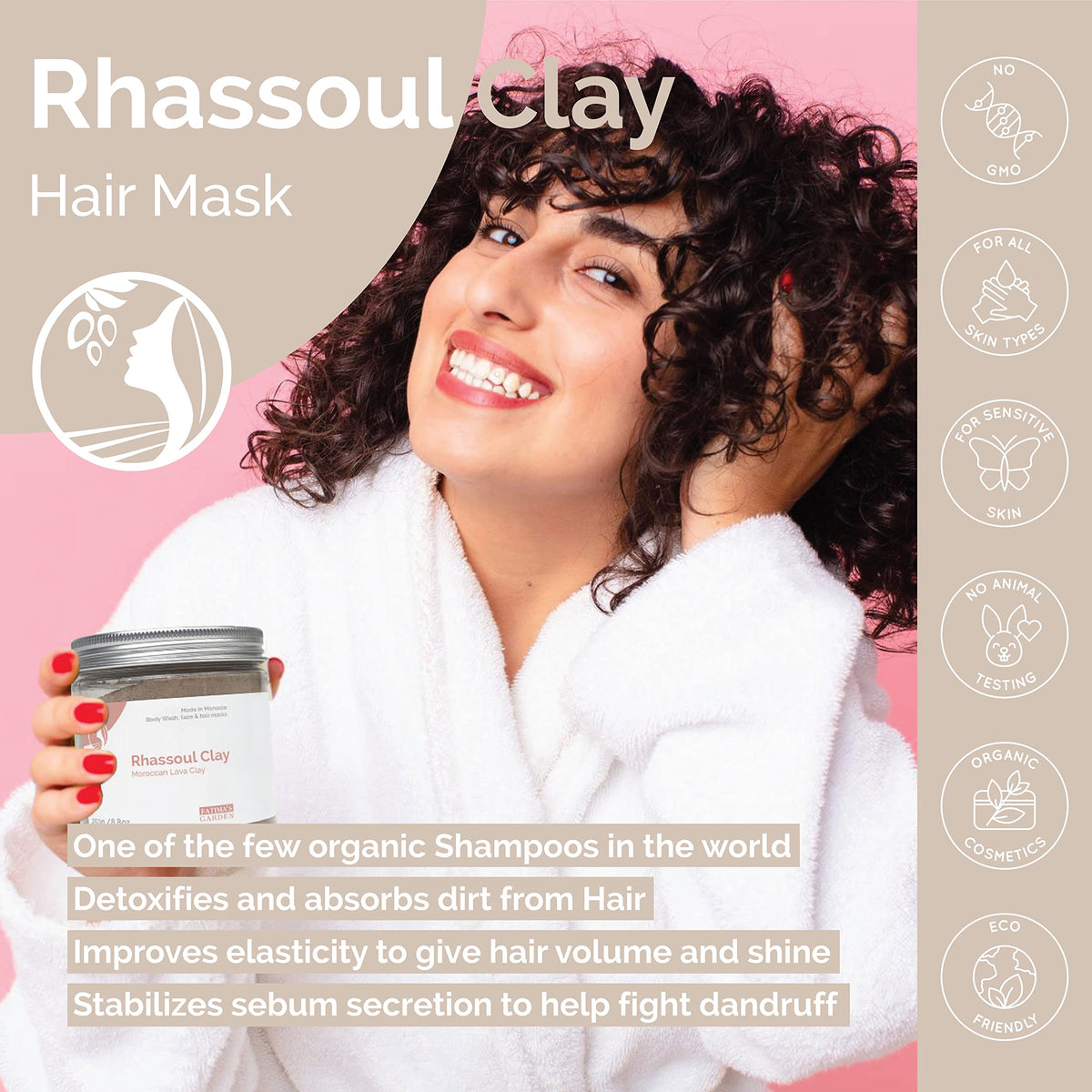 Fatima's Garden Rhassoul Clay, 100% Natural Moroccan Ghassoul Clay Powder for Face, Hair & Hammam; enriched with Argan and 6 herbs, cleansing & softening & purifying for hamam-8.8oz / 250gr