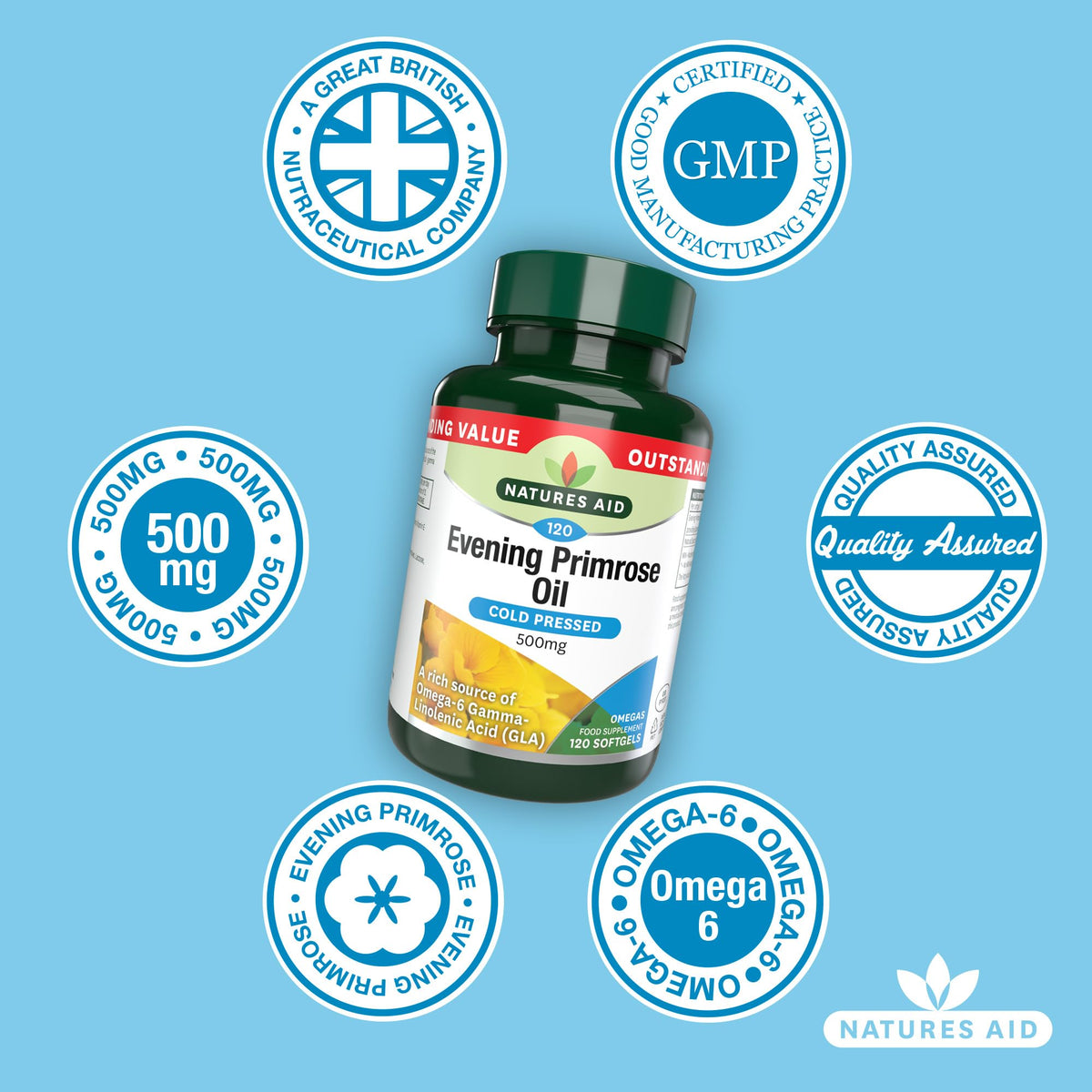 Natures Aid Evening Primrose Oil 500mg – Cold Pressed Omega-6 GLA – Supports Hormonal Balance, Skin Health & Anti-Inflammatory Function – Non-GMO, Gluten-Free – 120 Softgels