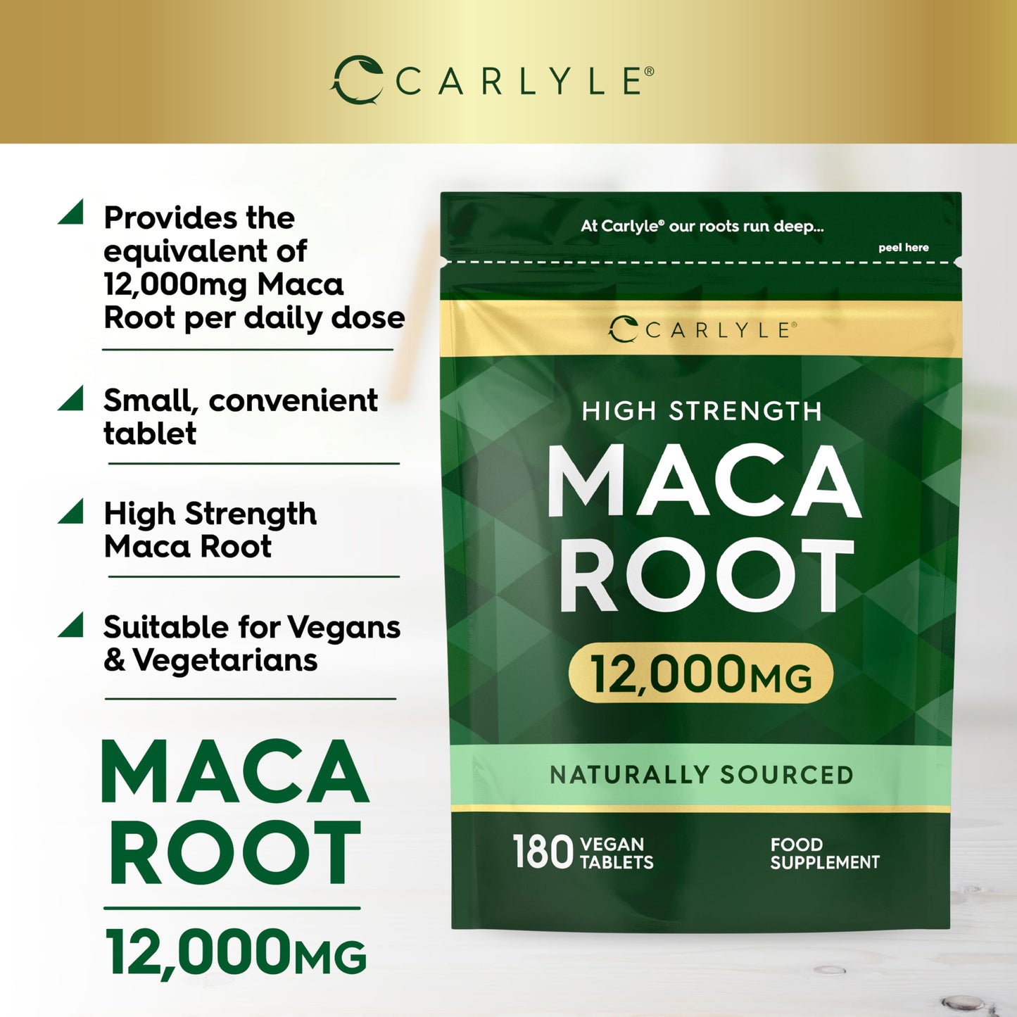 Maca Root Tablets 12,000mg | Naturally Sourced & High Strength Maca Root Extract | 180 Vegan Tablets | Supplement for Men & Women | by Carlyle
