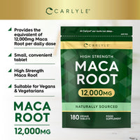 Maca Root Tablets 12,000mg | Naturally Sourced & High Strength Maca Root Extract | 180 Vegan Tablets | Supplement for Men & Women | by Carlyle