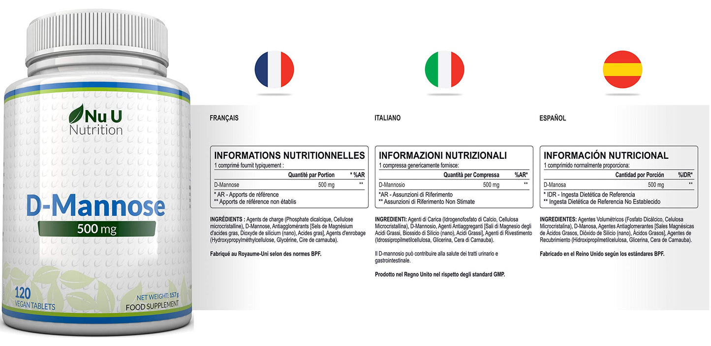 Nu U Nutrition D-Mannose Tablets 500mg - 120 Vegan Tablets - 4 Month Supply - High Strength D Mannose - Not Capsules or Powder - Made in The UK