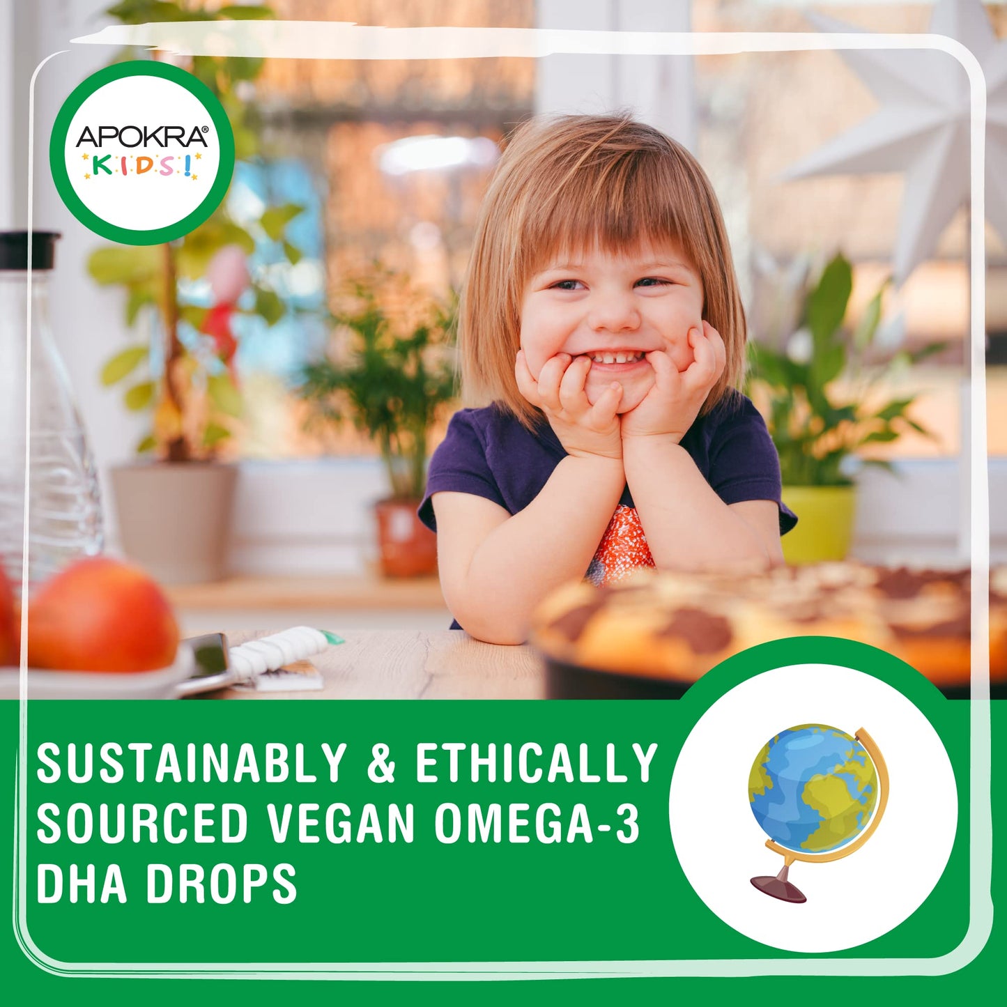 Omega 3 Vegan DHA Drops for Kids - 50mL - No Fishy Taste - Preservative Free and Sugar Free. Sustainable Algal Alternative to Fish Oil | APOKRA Kids