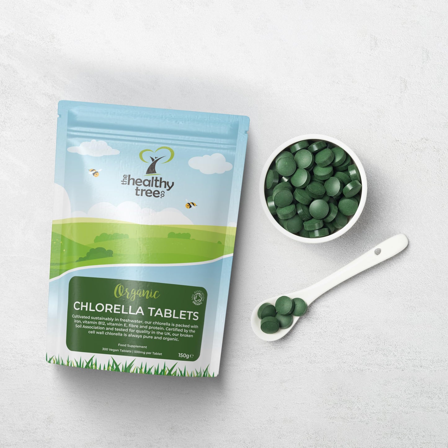 Organic Chlorella Tablets by TheHealthyTree Company - High in Vitamin B12 and E, Iron, Protein and Amino Acids - UK Certified Cracked Cell Wall Vegan Chlorella, 300 x 500mg (150g)