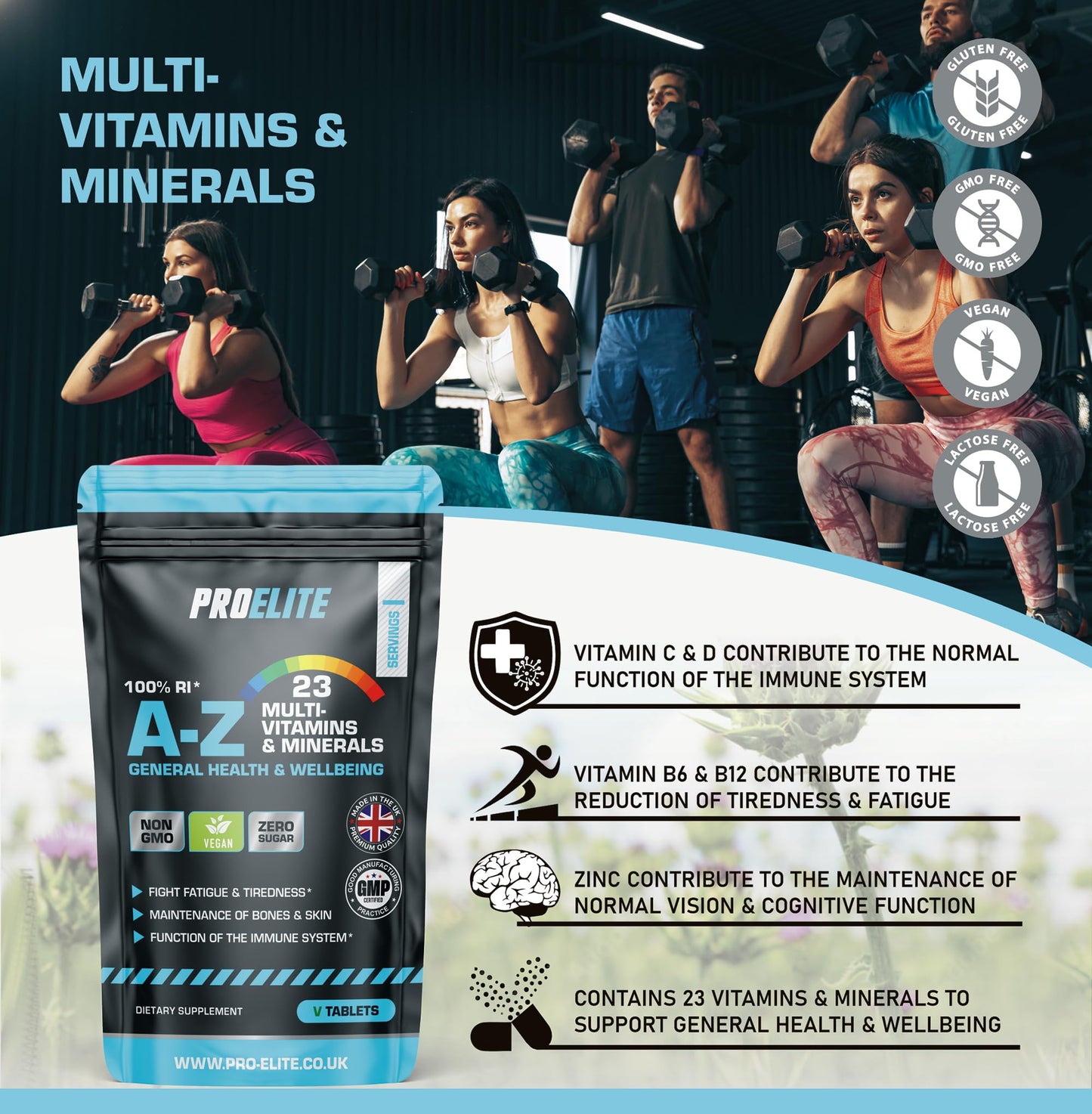 Multivitamins & Minerals - 120 Vegan Tablets - One a Day 100% RDA - 23 Essential Vitamins & Minerals in A-Z Multivitamin Tablet - Made in The UK by PROELITE