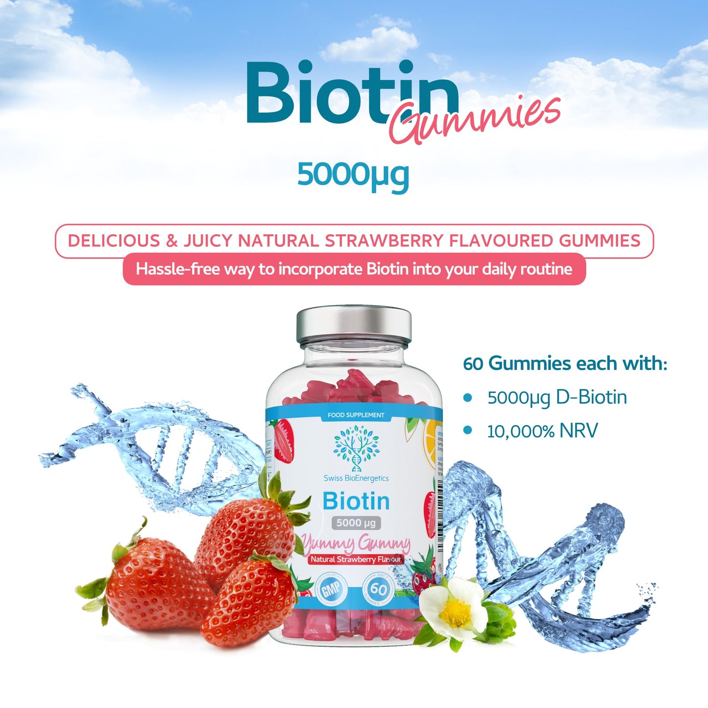 swiss bioenergetics Biotin Gummies 10,000mcg – 60 Vegan Vitamins - Natural Strawberry Flavoured Two Yummy Gummy Daily Dose - Supports Normal Skin & Hair Growth - Chewable - No Artificial Sweeteners – UK Made