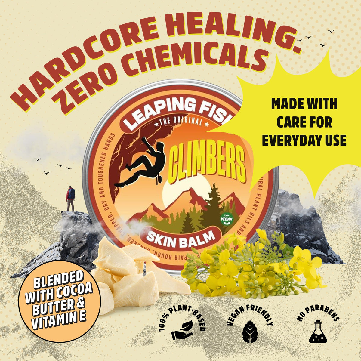 LEAPING FISH Climber's Skin Balm - Natural Vegan - Essential Oil Recovery Salve - Hand Moisturiser for Cracked Skin - Eco-Friendly Non-Greasy Formula - Unscented 60g Tin