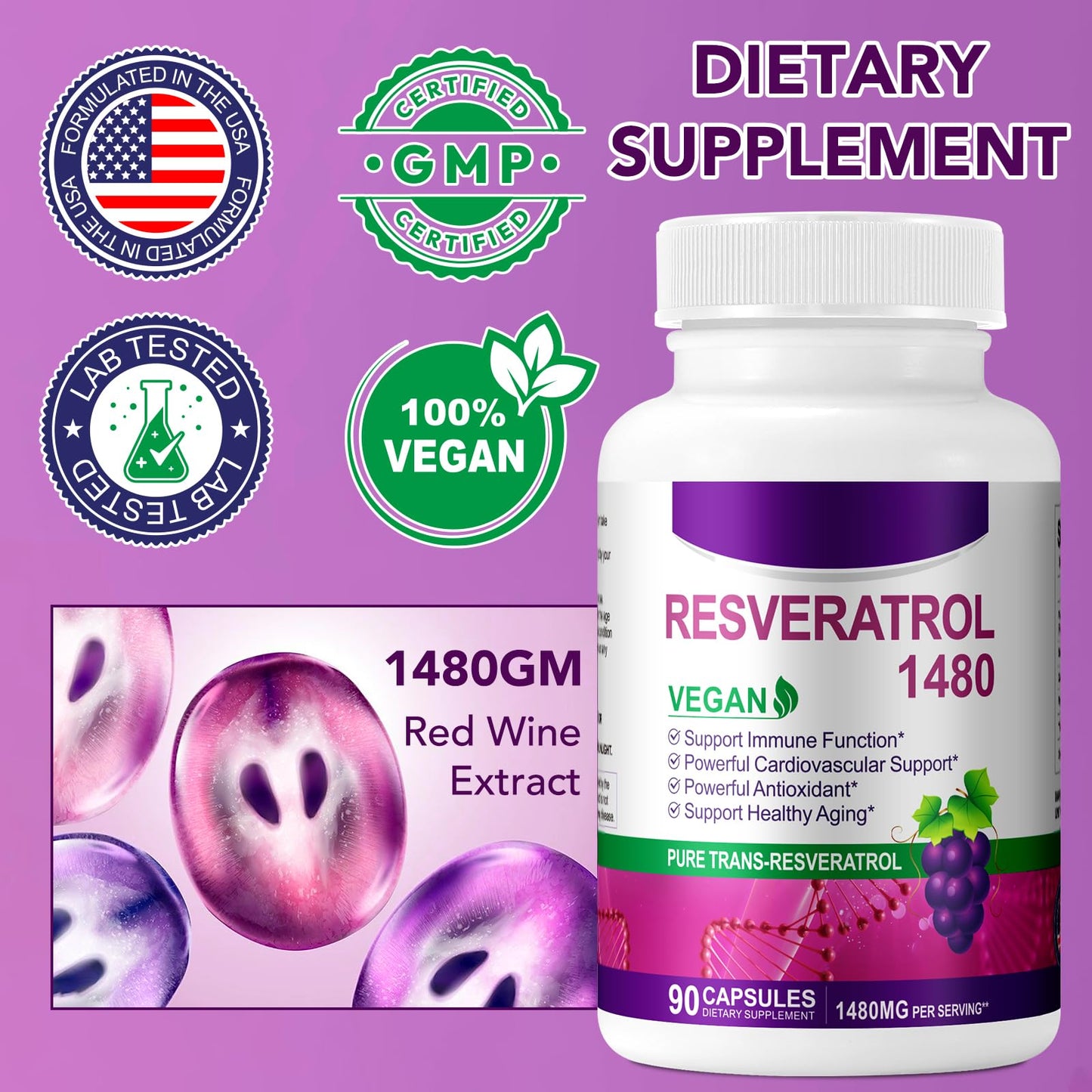 FSLHCY Resveratrol Supplement 1480mg, 90 Capsules High-Potency Trans-Resveratrol Supplement for Heart, Skin, and Anti-Aging Antioxidant