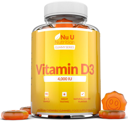 Nu U Nutrition Vitamin D3 Gummies 4000 IU Adults - 90 Gummies - 3 Months Supply - Delicious Natural Orange Flavour - High Strength Vitamin D (Cholecalciferol) Supplement - Vegetarian Chewable VIT D