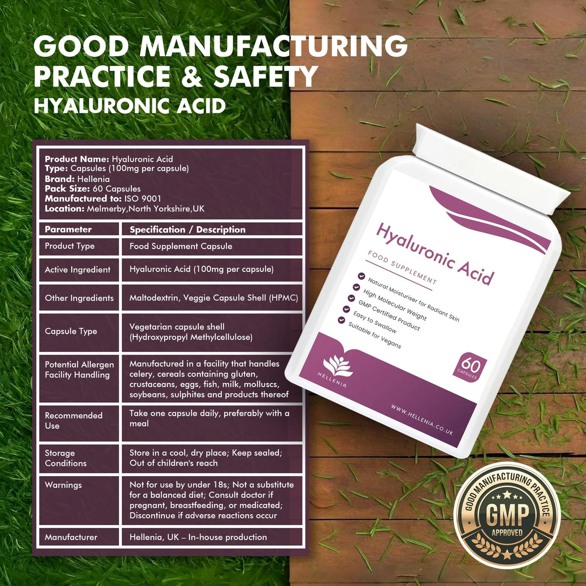 Hellenia Hyaluronic Acid Supplements 100mg Capsules | Supports Healthy Connective Tissue and Joints | Natural Moisturiser for Radiant Skin | 60 Hyaluronic Acid Capsules | Vegan Friendly - Made in the UK