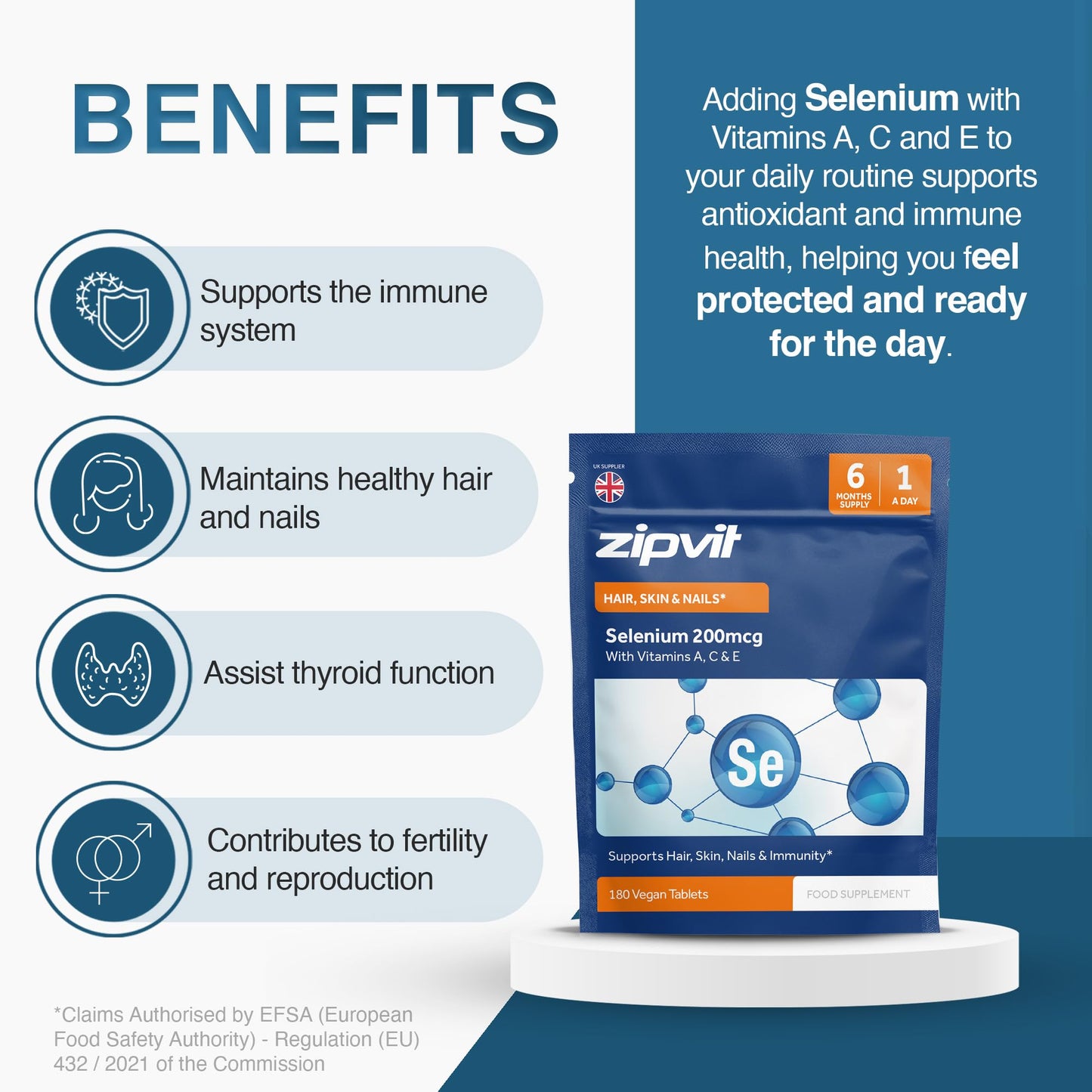 Zipvit Selenium 200mcg with Vitamins A, C, E Pouch. 180 Vegan Tablets. Supports Normal Thyroid, Skin, Hair & Nails, Immune System, and Antioxidant Protection. 6 Month Supply. UK Supplier.