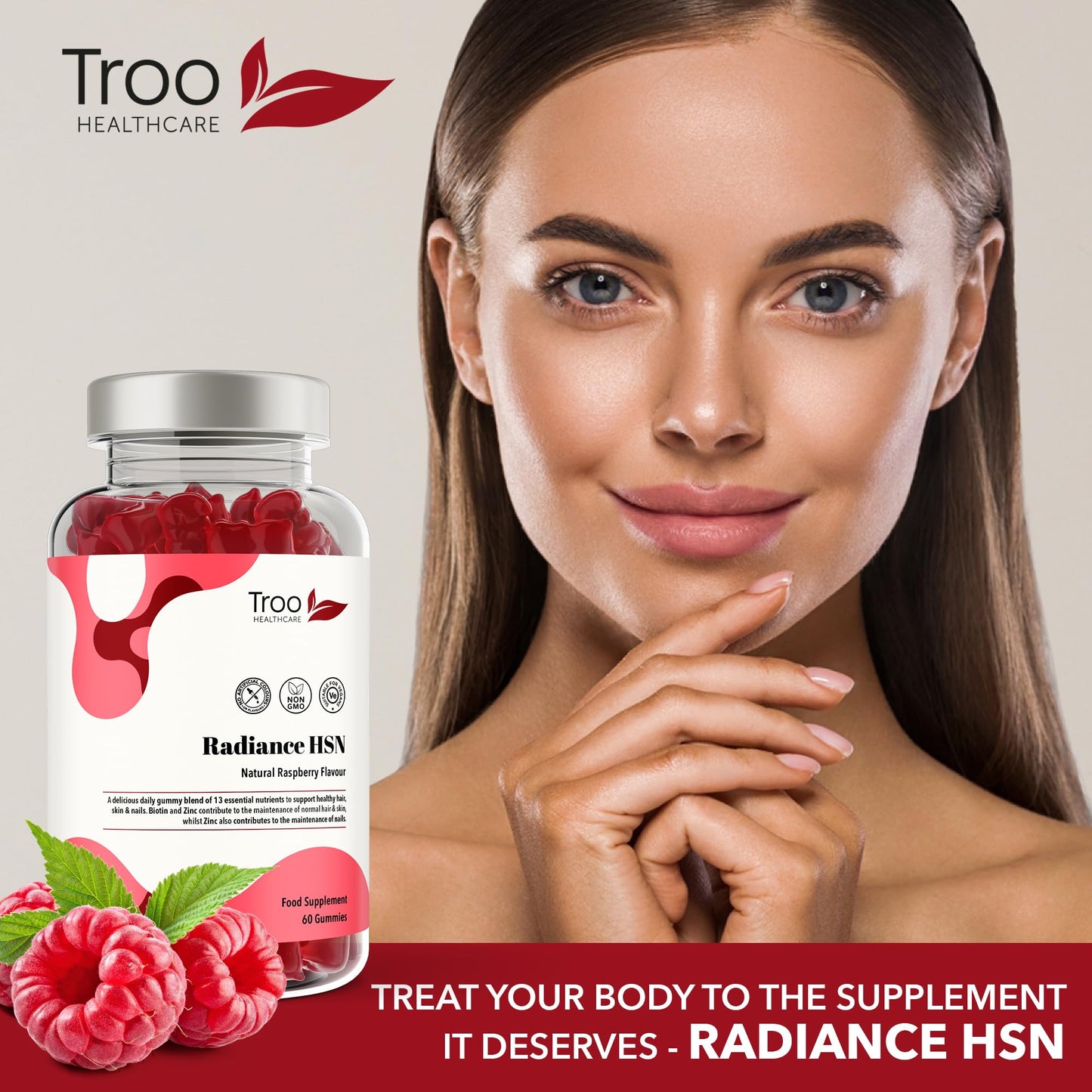 Troo Health Care Radiance HSN 60 Raspberry Flavour Gummies - Advanced Hair Skin & Nails Supplement for Men & Women - 13 Essential Nutrients Inlcuding Biotin