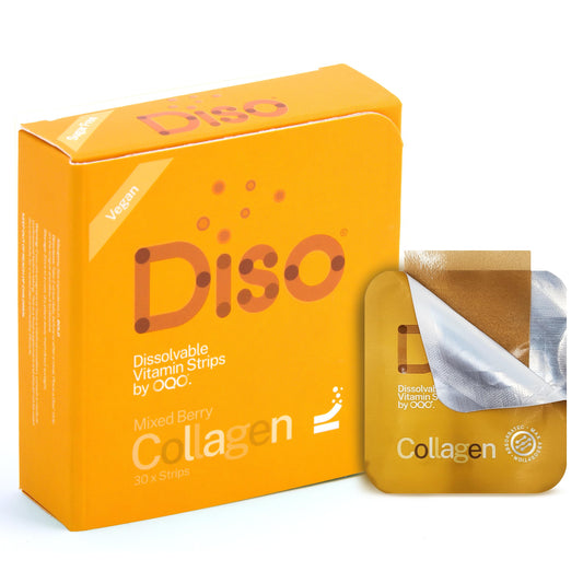 OQO Diso Collagen Supplements for Women & Men with Biotin (1000mcg), Box of 30 Oral Dissolvable Strips for Fast Absorption Skin Care, Joint Support, Sugar-Free, (Mixed Berry Flavour)