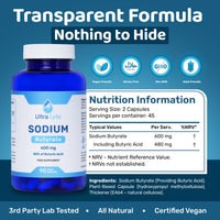 Ultra Lyte Sodium Butyrate 600mg per Serving – 80% Butyric Acid – 90 Vegan Capsules, 45 Servings – Advanced Microencapsulated Formula – Gut Comfort & Digestive Balance