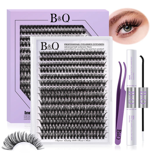 BelleQiana B&Q Wispy Cluster Lashes Kit 280PCS D Curl 40D Mixed 9-16mm Natural Eyelash Clusters with Bond & Seal Lash Glue, Tweezers, Reusable DIY Extensions for Beginners