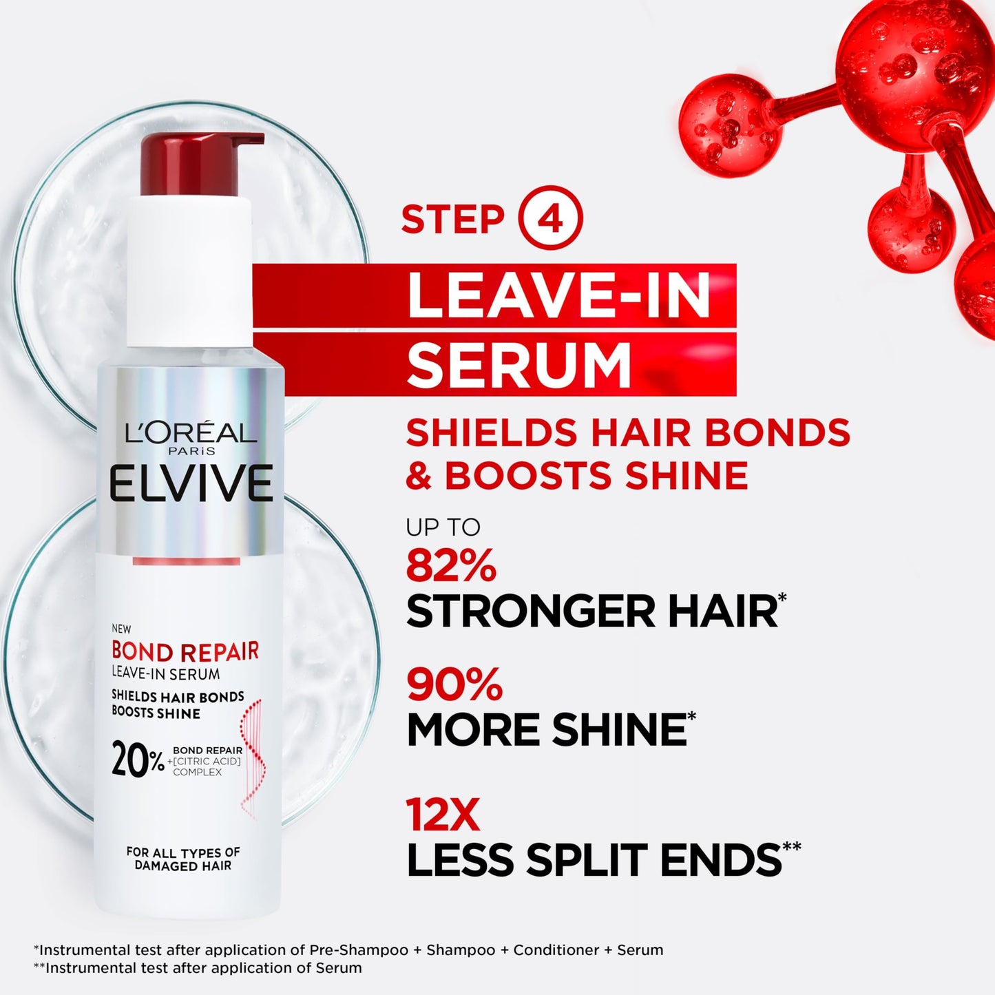 L'Oreal Paris L'Oréal Paris Elvive Bond Repair Leave-In Serum, with Citric Acid Complex, for Stronger Hair, Heat Protection, 12x Less Split-Ends, 98% Stronger, 82% More Shine for Damaged Hair, 150ml