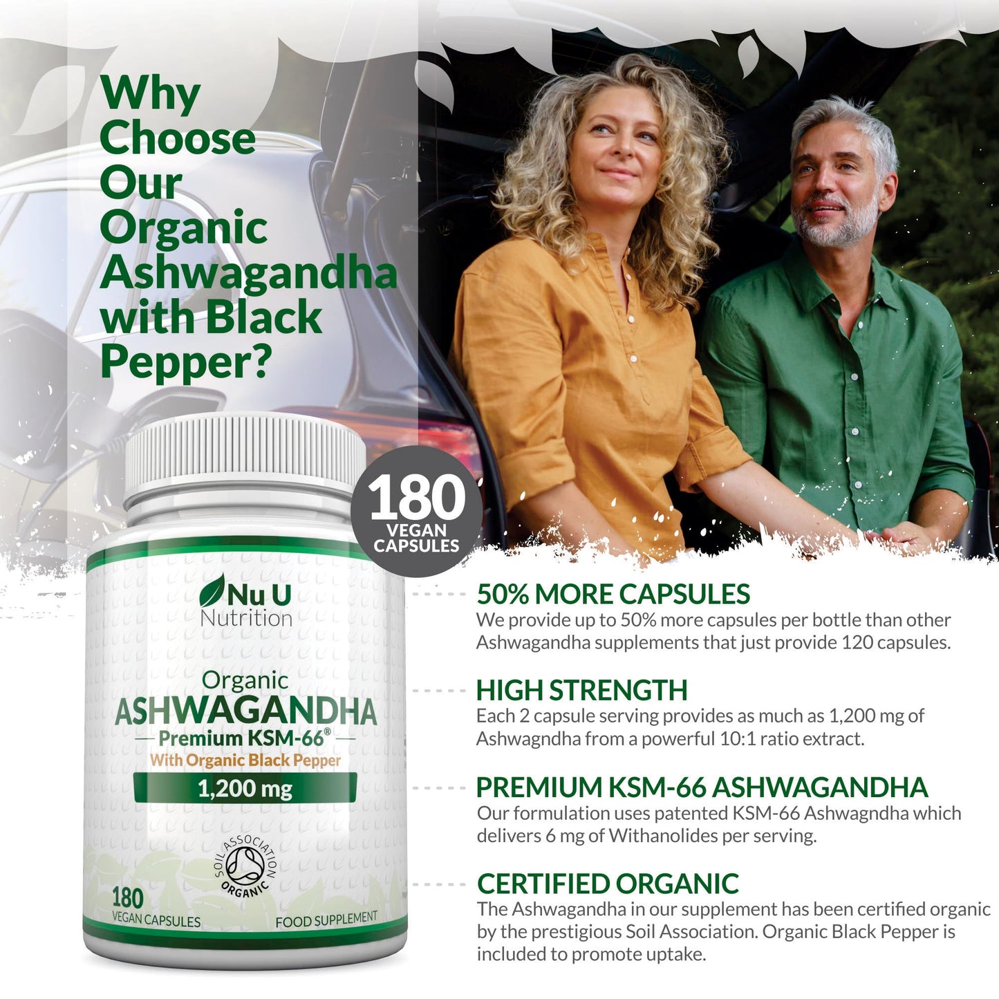 Organic Ashwagandha KSM-66® 1200mg - 180 Vegan Capsules not Tablets - High Strength Ashwaganda Root Extract with Organic Black Pepper - Made in The UK - Nu U Nutrition