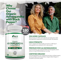 Organic Ashwagandha KSM-66® 1200mg - 180 Vegan Capsules not Tablets - High Strength Ashwaganda Root Extract with Organic Black Pepper - Made in The UK - Nu U Nutrition
