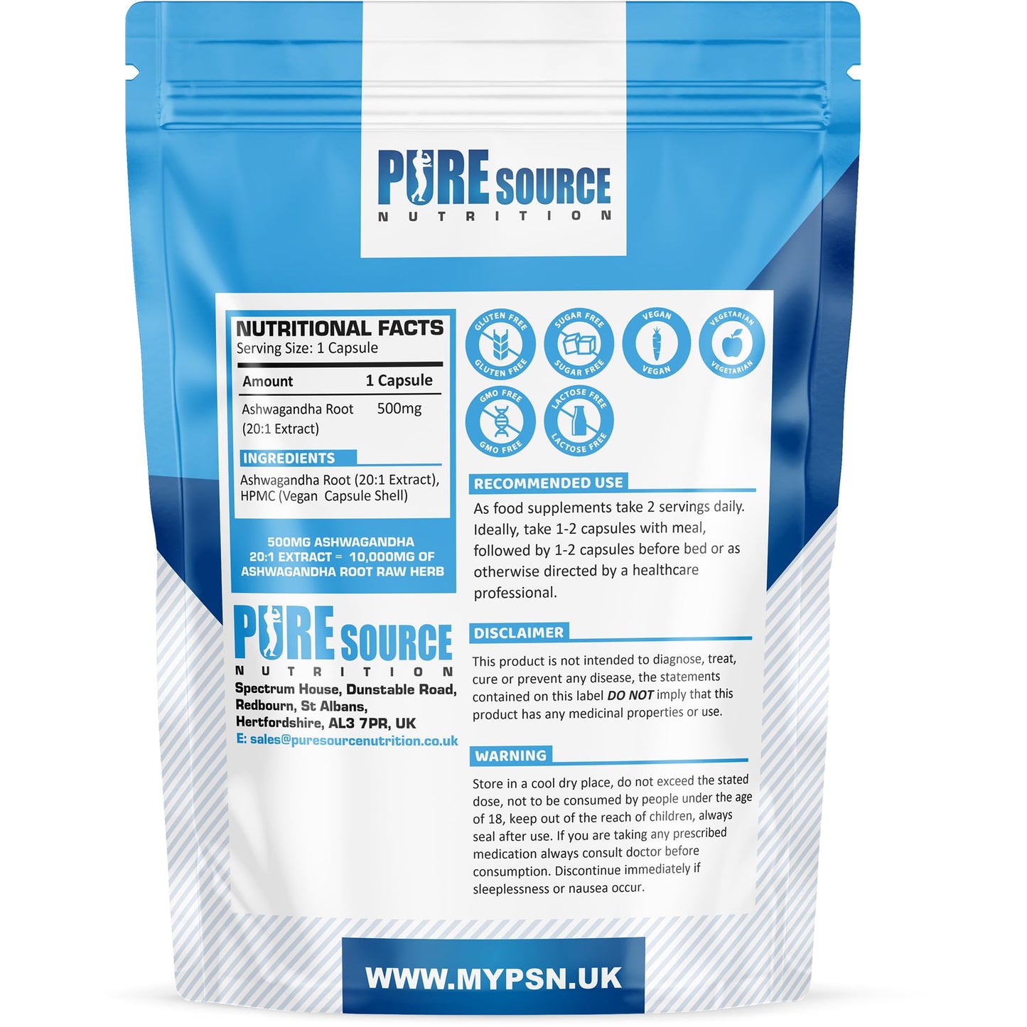 Pure Source Nutrition Ashwagandha Vegan Capsules Ashwagandha Root Powder Capsule 10% Withanolides 500mg High Strength 10,000mg Extract 10:1 | Stress Relief, Energy, Strength & Endurance by PSN (30 Capsules)