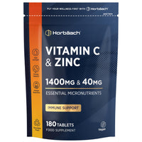Horbäach Vitamin C 1400mg and Zinc 40mg Tablets | 180 Count | High Strength Complex with Vitamin C as Ascorbic Acid | Immune Support | Suitable for Vegans | by Horbaach