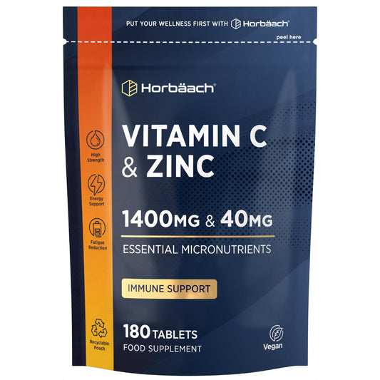 Horbäach Vitamin C 1400mg and Zinc 40mg Tablets | 180 Count | High Strength Complex with Vitamin C as Ascorbic Acid | Immune Support | Suitable for Vegans | by Horbaach
