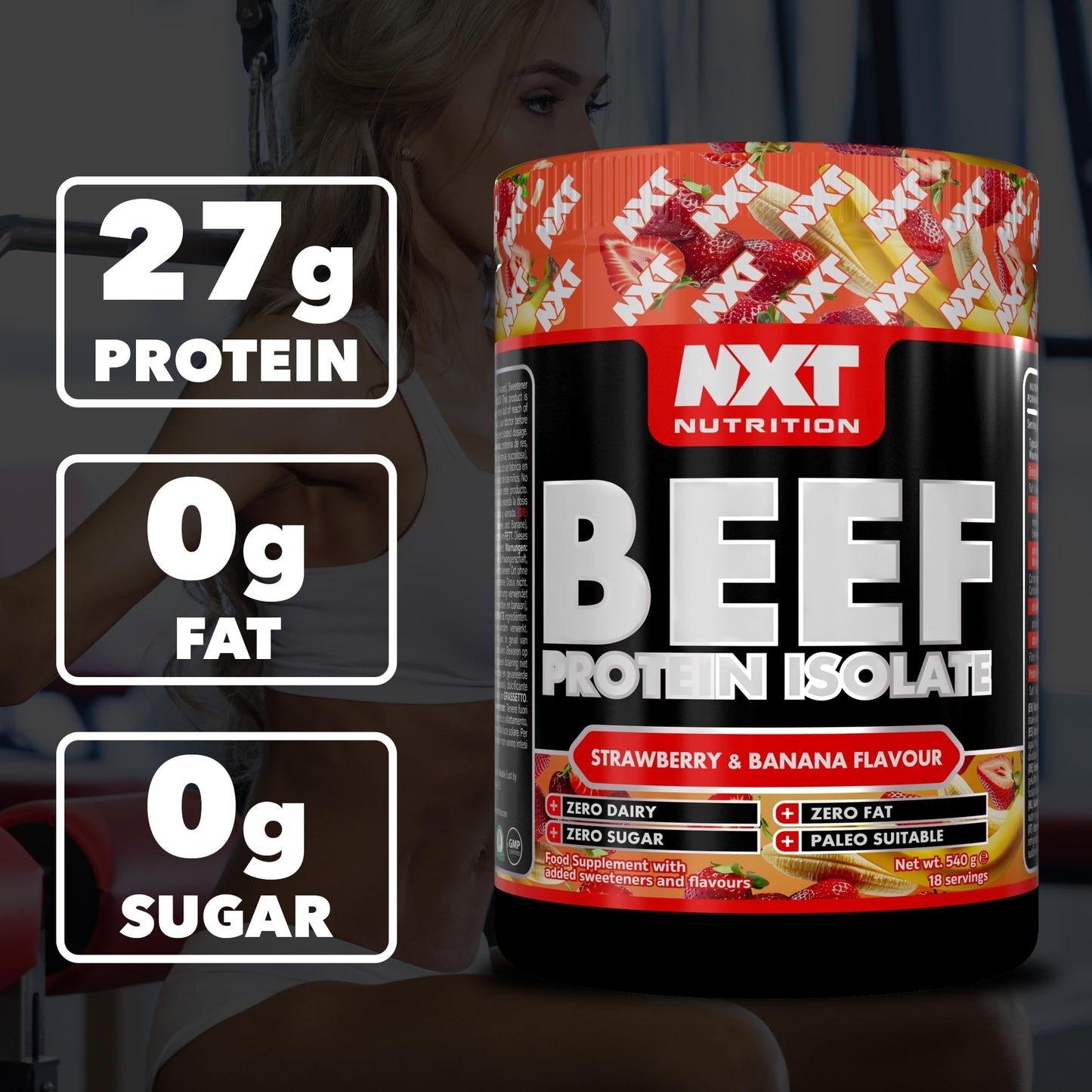 NXT Nutrition NXT Beef Protein Isolate 540g - High Protein Powder in Natural Amino Acids - Paleo, Keto Friendly - Dairy and Gluten Free - 540g - Strawberry & Banana