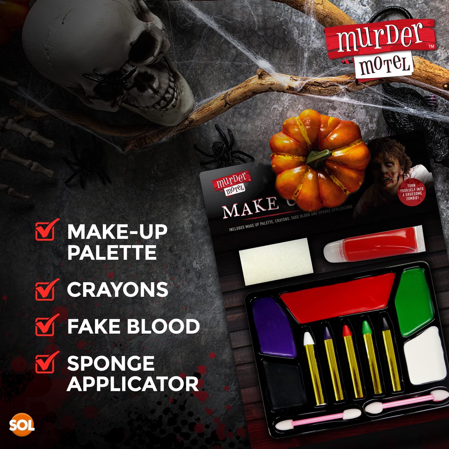SOL Halloween Make Up Kids Set | Complete Make Up Set Fake Blood, Crayons, Halloween Face Paint & Applicators | Safe to Use for Kids Face Paint Kit | Halloween Makeup Kit | Vampire Makeup Kit Facepaint