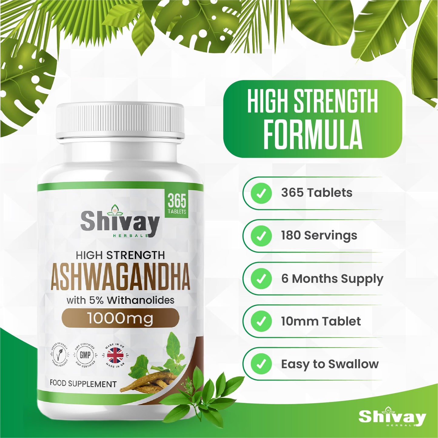 Ashwagandha 2000mg per Serving | 365 Vegan Tablets - 6 Month Supply | Pure High Strength Ashwagandha Root Extract Supplement by Shivay Herbals