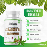 Ashwagandha 2000mg per Serving | 365 Vegan Tablets - 6 Month Supply | Pure High Strength Ashwagandha Root Extract Supplement by Shivay Herbals