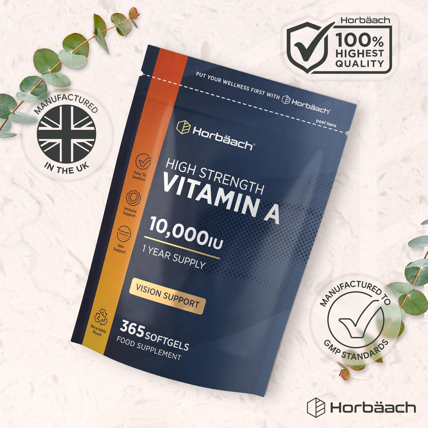Horbäach Vitamin A Supplement 10,000iu | 365 Count (1 Year Supply) | High Strength Vitamin A 3000ug as Retinyl Palmitate | Tablet Alternative for Adults | by Horbaach