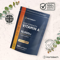 Horbäach Vitamin A Supplement 10,000iu | 365 Count (1 Year Supply) | High Strength Vitamin A 3000ug as Retinyl Palmitate | Tablet Alternative for Adults | by Horbaach