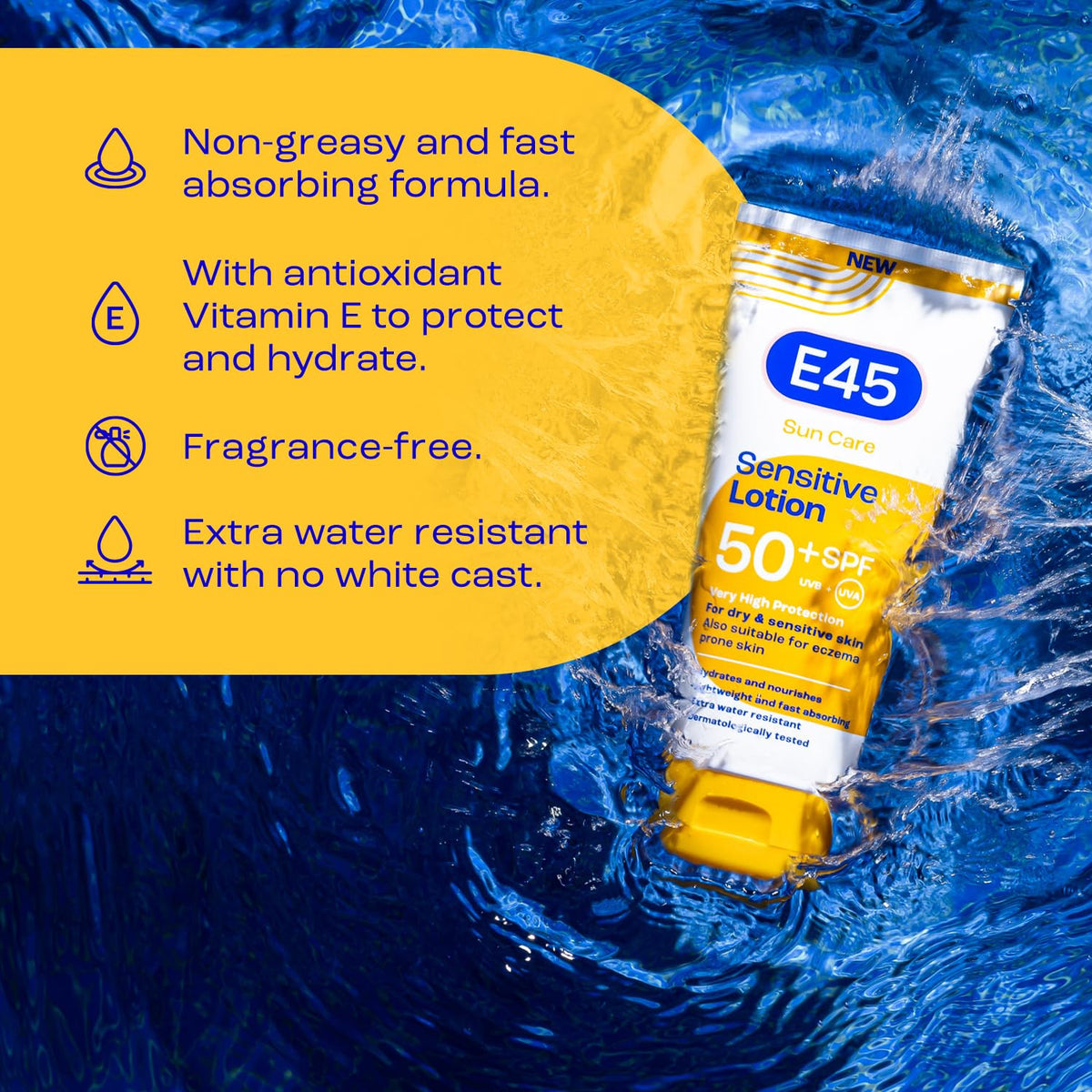 E45 Sun Body Lotion for Sensitive Skin. Hydrating Sun Cream with very high UVA and UVB protection and SPF 50+. For Dry Skin, Sensitive Skin and Eczema Prone Skin - 180 ml