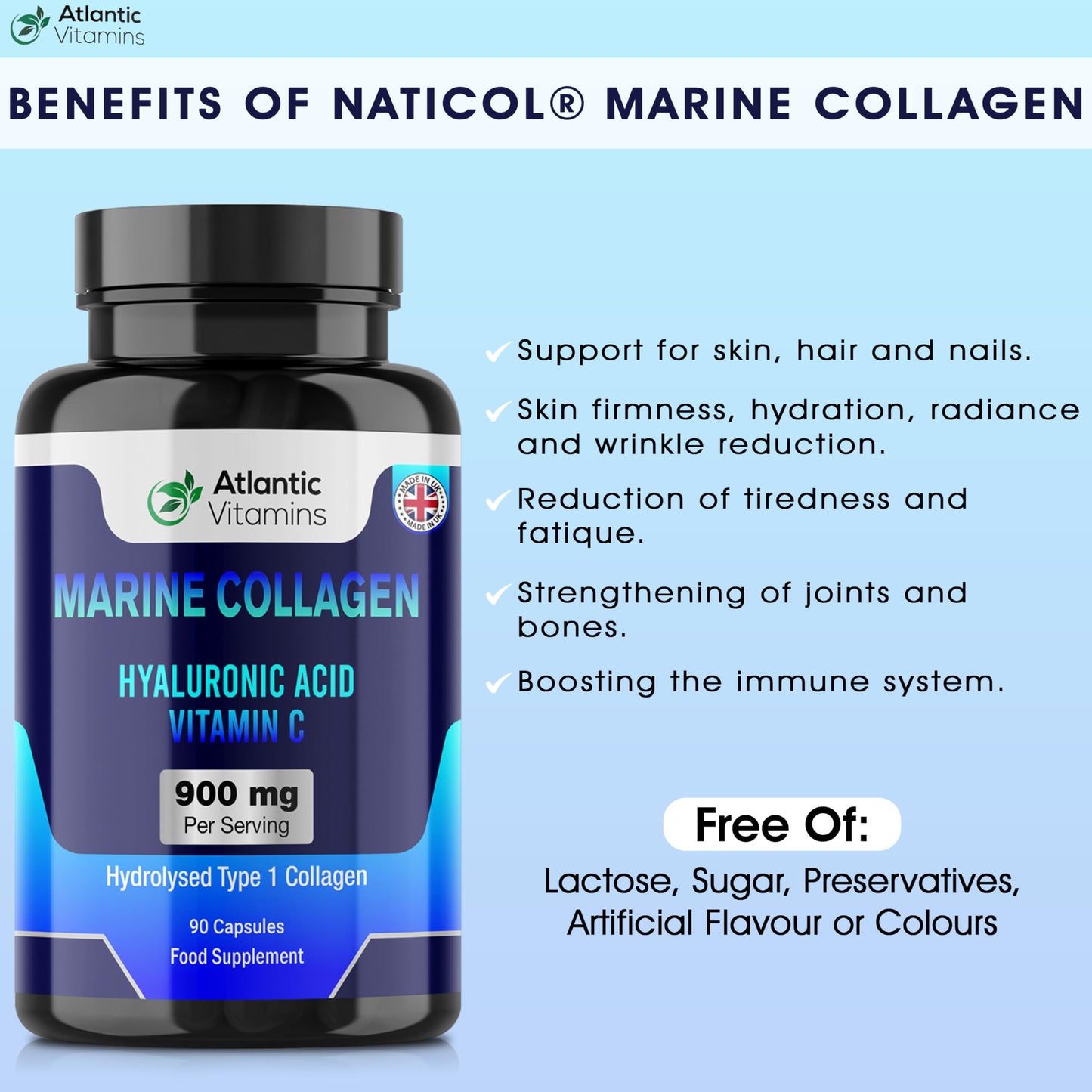 Atlantic Vitamins Marine Collagen 900 mg - High Strength 90 Capsules Collagen with Hyaluronic Acid and Vitamin C for Skin, Joints and Hair - Type 1 Hydrolysed Collagen Supplements for Women & Men - UK Made