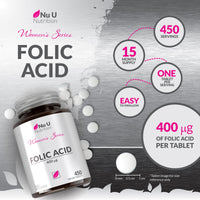Folic Acid 400 mcg - 450 Vegan Tablets - 15 Month Supply - High Strength Pregnancy Vitamins for Women - Vitamin B9 Supports Maternal Tissue Growth During Pregnancy - Prenatal Vitamins