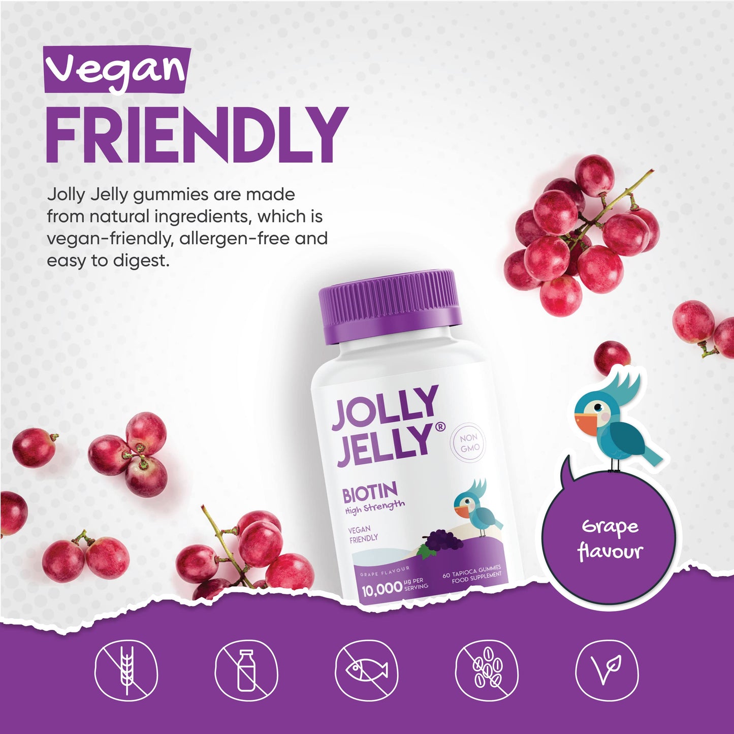JOLLY JELLY Biotin Tapioca Fruity Gummies - 10,000mcg - Potent Formula for Hair Skin and Nails, Made with Organic Tapioca, Grape Flavour - Kosher, Halal, Non GMO - 60 Vegan Gummies.