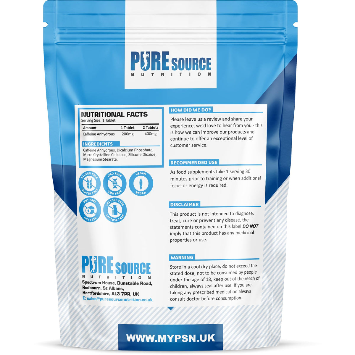 Caffeine Tablets 200mg Vegan Energy Tablet Pills Focus, Concentration, Energy Boost & Exercise Support Pre Workout Pill Improve Focus by Pure Source Nutrition (60 Tablets)