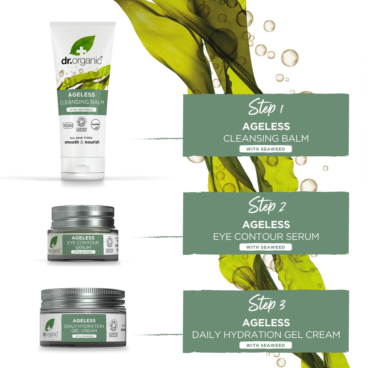 DR ORGANIC Dr Organic Ageless Skincare Set with Organic Seaweed Cleansing Balm, Face Cream & Eye Serum, Moisturising, Fine Lines, Wrinkles, Gift Set, Vegan, Cruelty-Free, Paraben & SLS-Free, Certified Organic