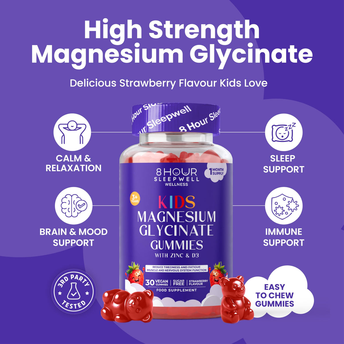 8 Hour Sleepwell Kids Magnesium Glycinate Gummies – 1 Month Supply | Sugar-Free, Vegan & Chewable | 470mg Magnesium for Kids, Providing 65mg to Support Calm Mind & Focus for Children Ages 3+ | Strawberry Flavour