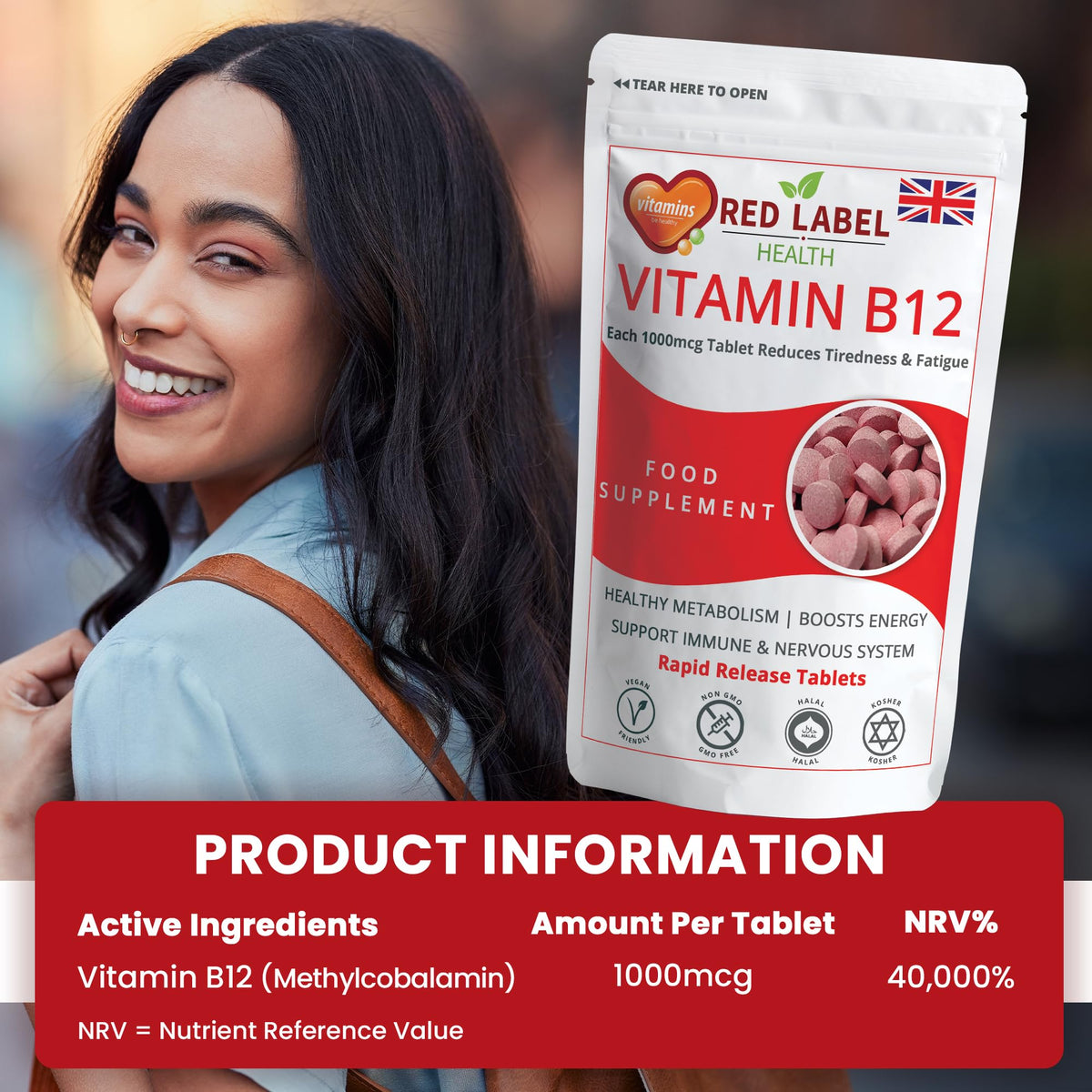 Red Label Health Vitamin B12 Tablets High Strength 1000mcg for Men & Women, Pack of 60 Tablets (2 Months Supply), Methylcobalamin B12 Vitamin for Tiredness and Fatigue, Vegetarian, Vegan