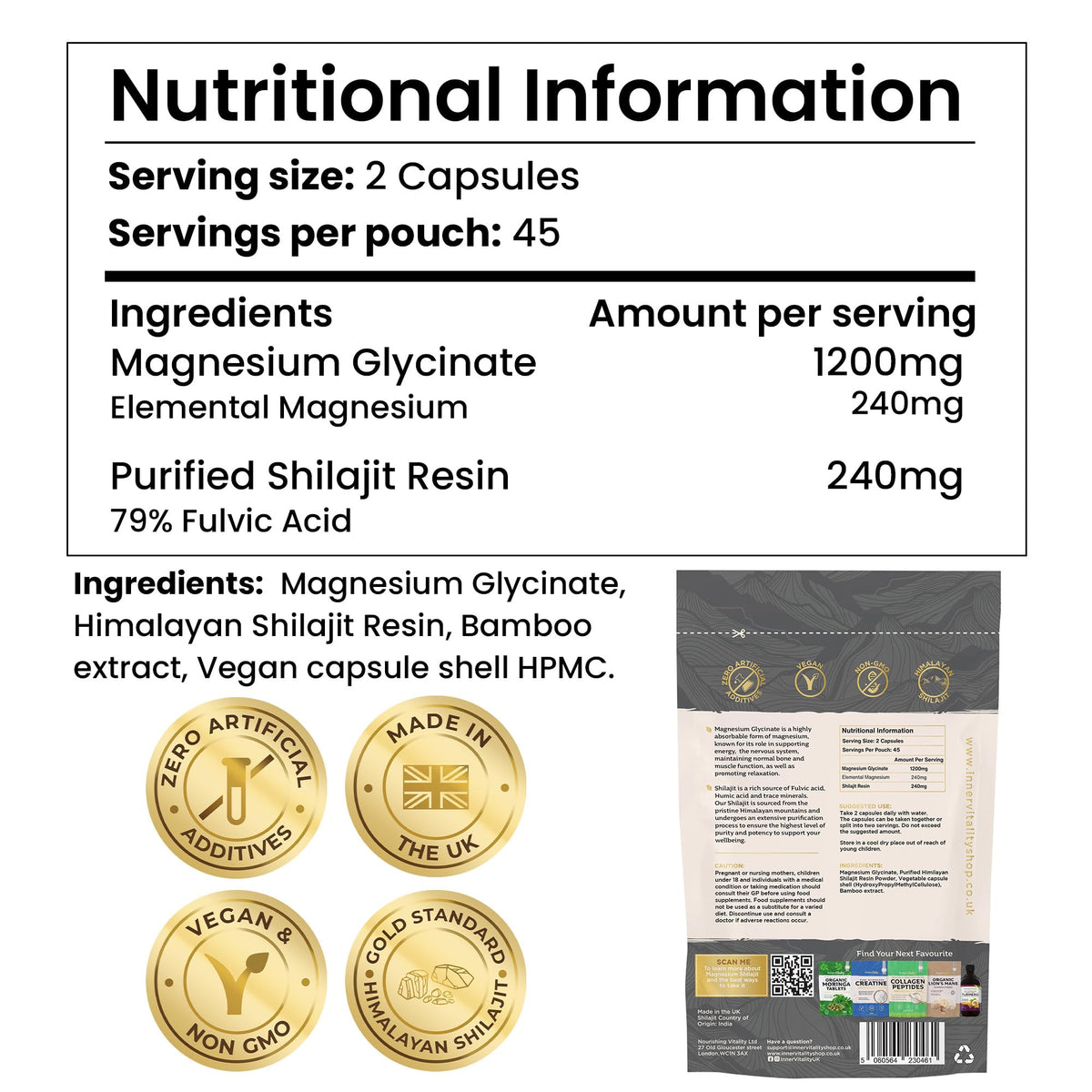 Magnesium Glycinate 2-in-1 with Himalayan Shilajit Minerals for Sleep, Relaxation & Natural Energy, High Strength Supplement - 90 Capsules Fulvic Acid Mineral Support Made in UK by Inner Vitality